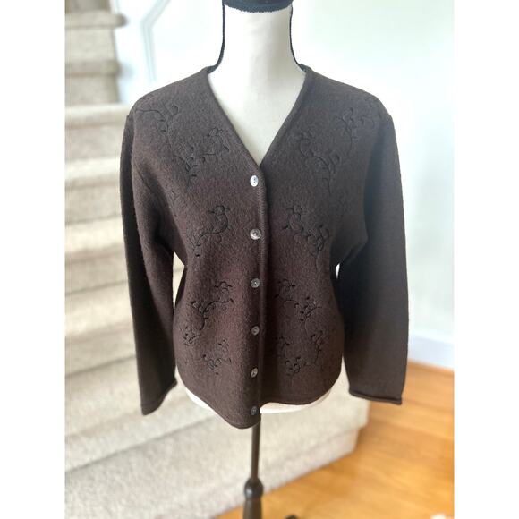 Pendleton Vintage 90s Brown Wool Embroidered Swirl Cardigan - Picture 1 of 6